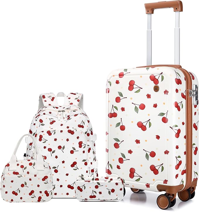 Somago 4 Piece Kid's Luggage with Backpack Set for Boys Girls Spinner 18" Hardside PC Rolling Carry on Suitcase with TSA Lock, Cherry White