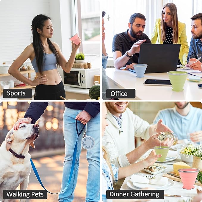 JBER Silicone Collapsible Travel Cup, 4 Pack Silicone Folding Camping Cup with Lids Expandable Drinking Cup for Outdoor Hiking Travel (Olive & Pink & Green & Blue)