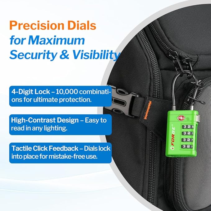 Forge TSA Approved Luggage Locks 4 Digit Combination TSA Travel Locks with TSA008, Open Alert Indicator, Zinc Alloy Body for Luggage, Suitcase, Backpack, and More. Green 4 Locks.