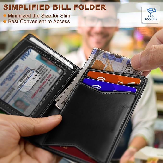 BULLIANT Men Wallet,Top Grain Leather Slim Wallet Magnetic Closure Simplifed Bill Folder RFID Blocking 11Cards
