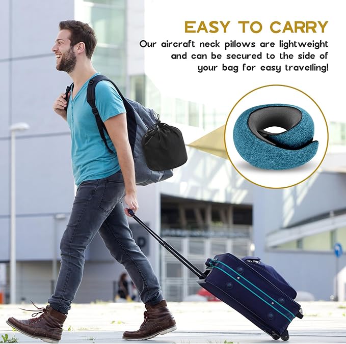 REDOFF®Travel Pillow for Neck Support, Memory Foam Neck Pillow for Airplane, Car, Office - Adjustable Strap with Magic Tape, Breathable & Portable with Storage Bag(Peacock Blue