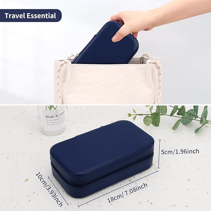 DesignSter Travel Jewelry Box, PU Leather Portable Jewelry Case, Small Jewelry Boxes for Gifts, Travel Jewelry Organizer for Women Rings Earrings Necklaces Bracelets (Dark Blue)