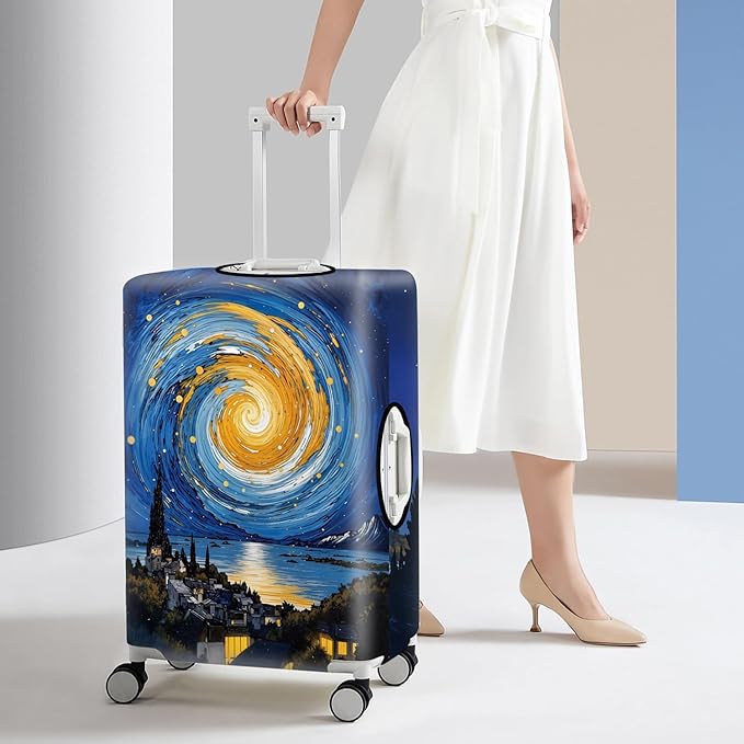 Art Print Travel Suitcase Cover – Starry Night Style Waterproof Luggage Cover and Stretchable Suitcase Protector for Checked Bags,Fits 24"-26" Luggage,M