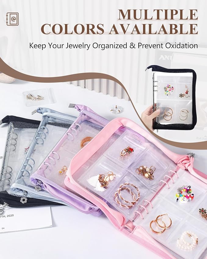 AOLEIXIYA Jewelry Organizer Book Clear Travel earring book organizer Transparent Jewelry Book with Zipper Pouch Bags (Black,With 80 PCS Small Jewelry Bags)