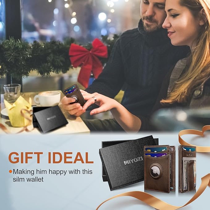 Airtag Wallet for Men- with Money Clip Gift Boxed, Magnetic Closure Slim Genuine Leather Front Pocket Wallet, 4.1"x 2.8", RFID Blocking