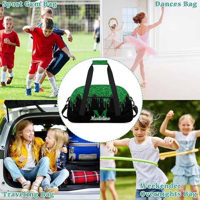 Personalized Kids Sports Duffel Bag with Name Custom Weekender Overnight Bag for Boys Girls Gym Bag Travel Dance Gymnastics Duffel Bag, Green Glitter