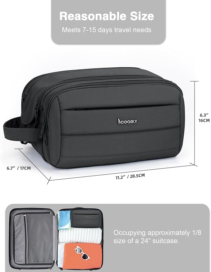 Toiletry Bag for Men & Women, Cruise Ship Travel Essentials, Shaving Dopp Kit with Dry and Wet Separation, Water-resistant Bathroom Cosmetic Organizer Bag, Makeup Accessories with Trolley Belt, Black