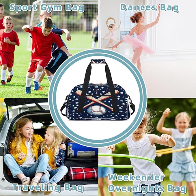 Kids Duffle Bag Girls Boys Baseball Sports Weekender Overnight Bag,Lightweight Duffel Bags for Traveling Gym Sport Dance