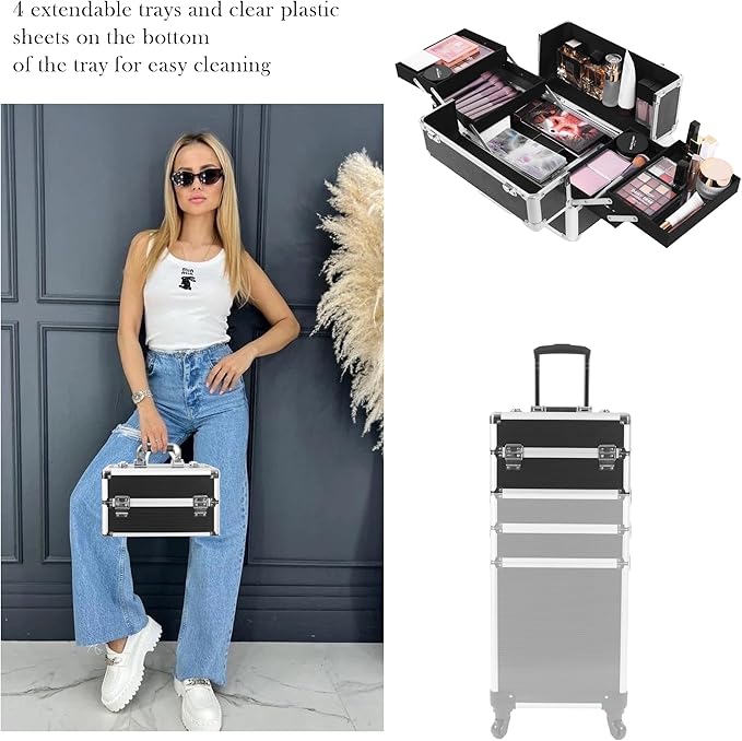 5 in 1 Professional Makeup Train Case Aluminum Cosmetic Case Rolling Makeup Case ExtraLarge Storage Organizer with Key Swivel Wheels Salon Barber Case for Make Up Nail Hairstylists, Black