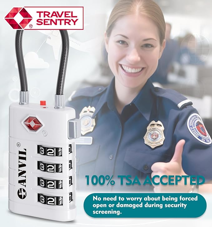 ANVIL 4 Digit Luggage Locks, TSA Locks for Luggage, Advanced TSA008 core, Alert Indicator for Your Travel Lock, Suitcase Lock.(4, White)