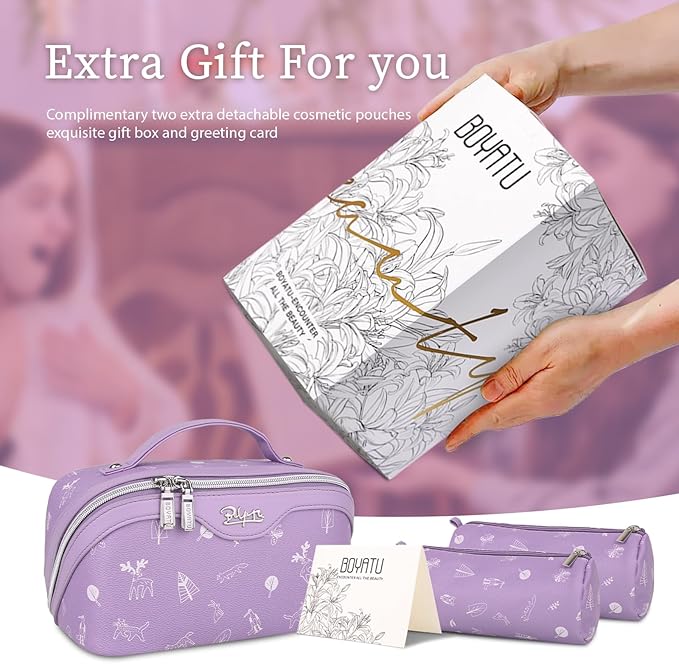 BOYATU Travel Makeup Bag Cosmetic Bags for Women: 3 Pcs Set Portable Make up Bag with Handle - Vegan Leather Toiletry Bags with Compartments - Makeup Organizer for Travel Essentials(L-3-Lilac)