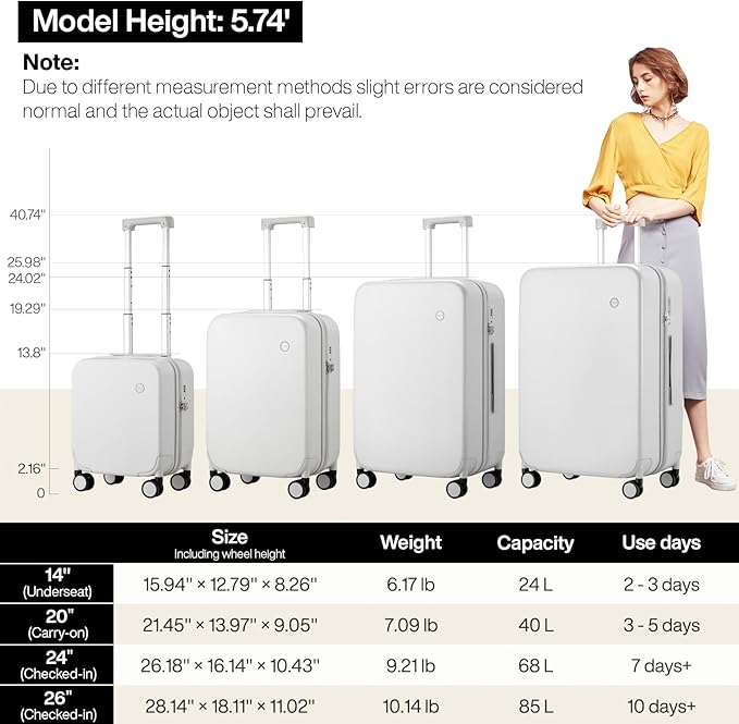 mixi Upgrade Luggage Suitcases with Spinner Wheels, Hardside Rolling Suitcase PC with TSA Lock Travel Case 24in Checked in, Fine Grid Smoke White