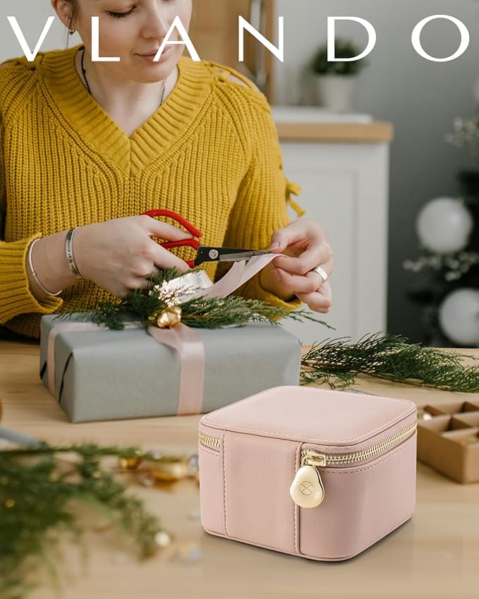 Vlando Travel Jewelry Organizer,Jewelry Travel Case with 6 Velvet Zipper Jewelry Bags Gift Ideas for Birthday Wedding Graduation-Tan