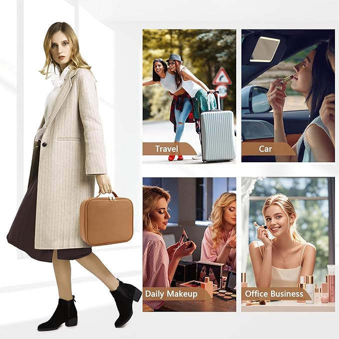 Travel Makeup Bag for Makeup Artists Large Makeup Case,with Mirror 3 Color Setting and Detachable 10x Magnifying Mirror Travel Makeup Bag,Portable Storage and Adjustable Dividers(brown)