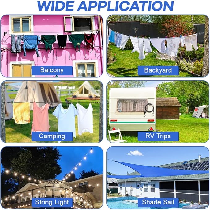 TooTaci 45ft Outdoor Clothesline Kit, 3/16" Black PVC Coated Wire Rope Heavy Duty Portable Clothes Line Kit with Self-Locking Pulley, Screw Hook & Snap Hook for Camping, Backyard, Balcony, Travel