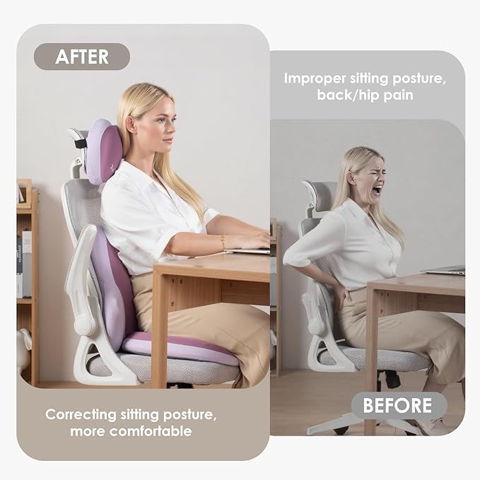 FLORICH 3 PCS Seat Cushion for Carseat Lumbar Support Pillow Car Neck Headrest Pillows Ultrathick Memory Foam Seat Pads Pressure Relief Back Cushion for Office Chair(Purple)