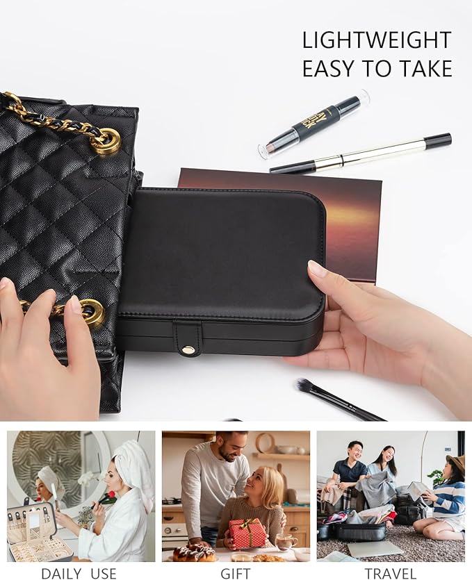 2-Layer Travel Jewelry Box for Women, Portable Jewelry Organizer with Mirror & Removable Dividers, PU Leather Jewelry Case Gift for Wife, Mom, Girlfriend (Black Beige)