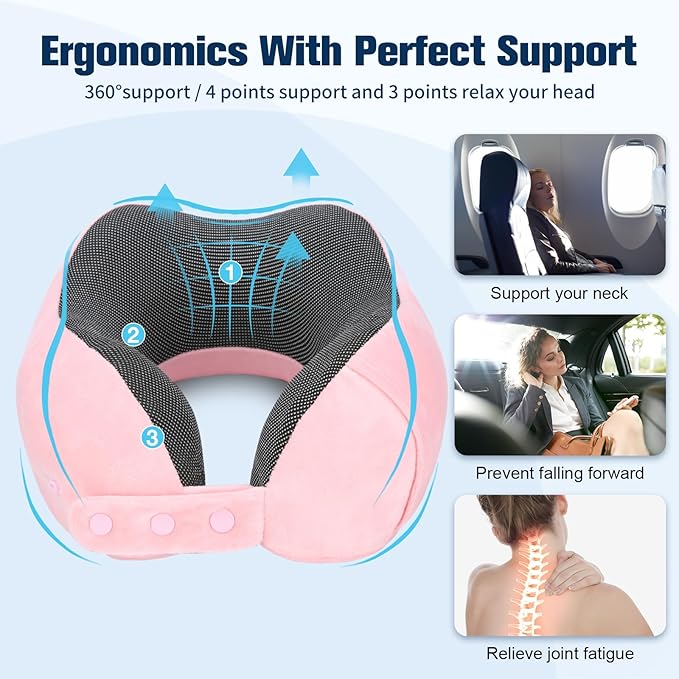 Neck Pillow for Traveling, Travel Pillows for Airplanes,100% Pure Memory Foam Travel Neck Pillow, Adjustable Flight Pillow, Portable Plane Accessories with Eye Mask, Earplugs, Carry Bag