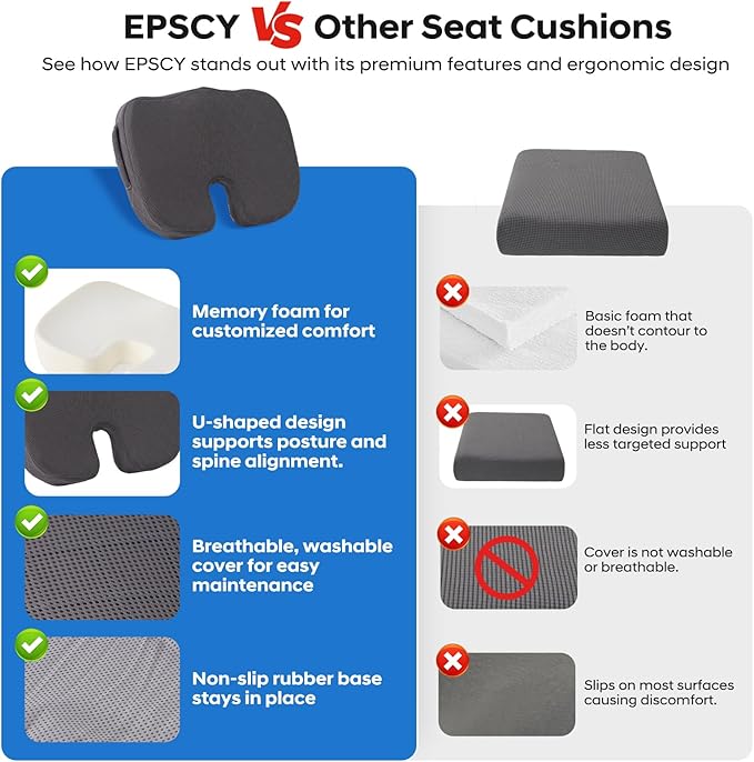 EPSCY Memory Foam Seat Cushion for Office Chair, Car, Airplane & Bleachers – Ergonomic Support for Sciatica, Hip & Tailbone Pain Relief – Comfort Pad for Long Sitting, Office Workers & Driver - Grey
