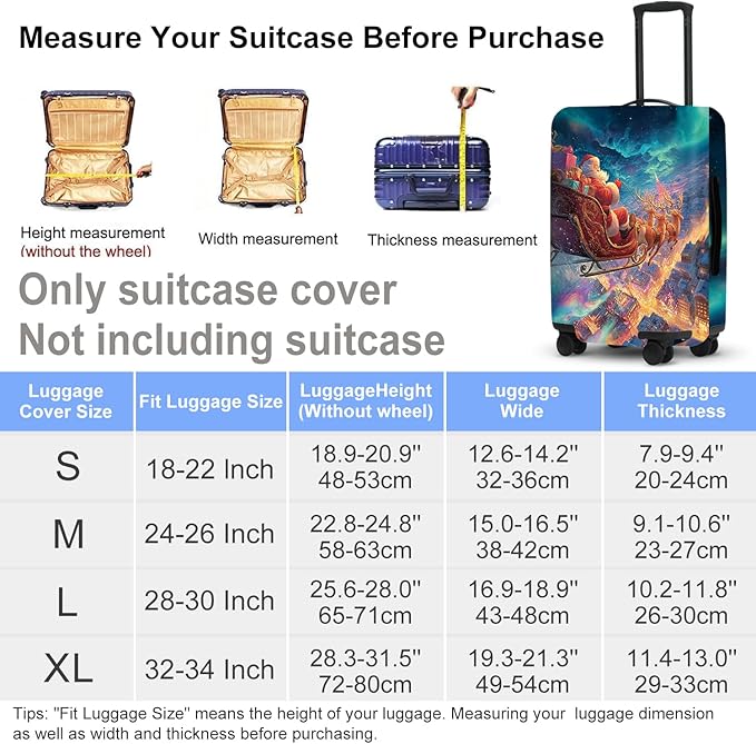 Northern Lights Christmas Luggage Cover - Santa's Sleigh Flying Over City Under Aurora, Magical Stretchable Suitcase Protector 32 34 Inch