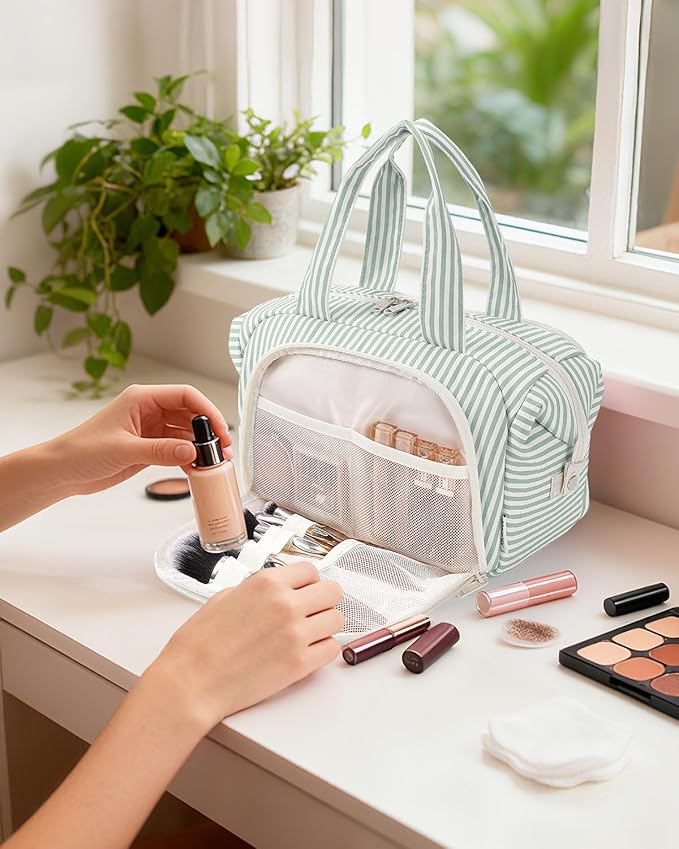 Narwey Travel Toiletry Bag, Wide-open Large Toiletry Bags for Traveling Women, Checkered Travel Bag for Toiletries Cosmetic Makeup Bag Organizer, Skincare Make Up Bag (Mint Green Stripe)