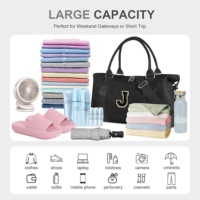 Dance Gym Duffel Bag for Teen Girls, Personalized Initial Travel Weekender Bag,Cute Overnight Carry On Duffle for Women,Sports Travel Cheer Bag,Monogram Christmas Gifts for Tween Preppy(black-J)