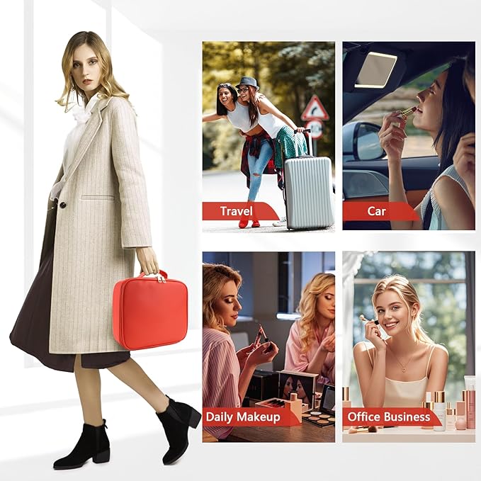 Travel Makeup Bag for Women and Makeup Artists Cosmetic Organizer Large Makeup Case,Travel Makeup Bag with Mirror 3 Color Setting,Portable Storage and Adjustable Dividers(red)