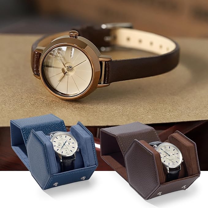 Oirlv Luxury Hexagonal Leather Watch Travel Case Single Watch Box for Men Portable Jewelry Storage Roll Organizer(1-Slot,Blue)