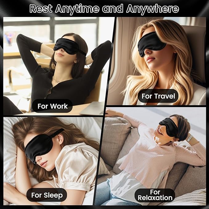 Pure 22 Momme 6A Grade Mulberry Silk Sleep Mask for Side Sleepers - Adjustable, 100% Blackout Eye Mask with Travel Pouch (Black)