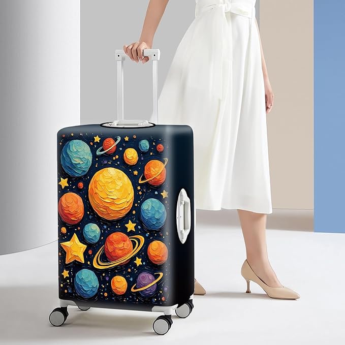 Space-Themed Luggage Cover – Durable Elastic Anti-scratch Travel Suitcase Protector with Wheel Access, Fits Most Carry-On and Checked Bags,L
