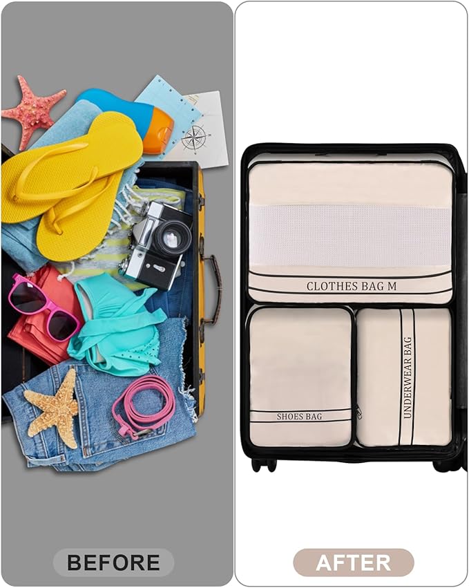 9 Set Packing Cubes Luggage Packing Organizers for Travel Accessories Space Saving Travel Bags for Carry On, Lightweight Mesh Zipper, Clothes, Shoes, Laundry and Shoe Bag, Suitcases (Cream)