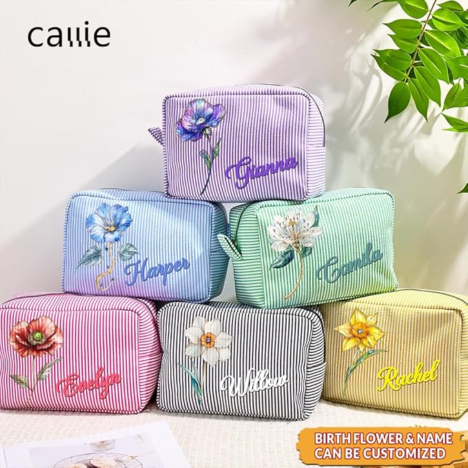 callie Personalized Makeup Bag - Custom Name & Birth Flower, Cosmetic Organizer Make Up Bag with Zipper, Birthday Christmas Travel Gifts for Women