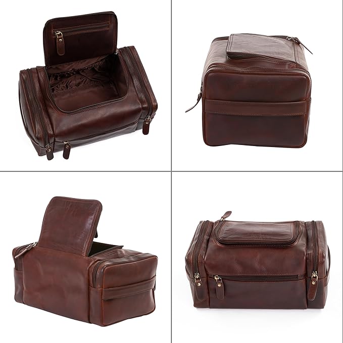 ELIZO Genuine Leather Toiletry Bag for Men Mens Toiletry Bags for Traveling Waterproof Hanging Leather Dopp Kit w/Hook Extra largeToiletry Bag Travel Organizer for Toiletries