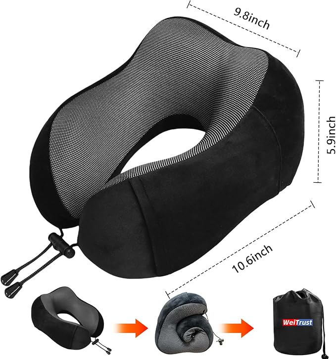 Travel Neck Pillow for Airplane, Memory Foam Travel Pillow for Long Flights & Car Rides - Ergonomic Support with Eye Mask & Ear Plugs