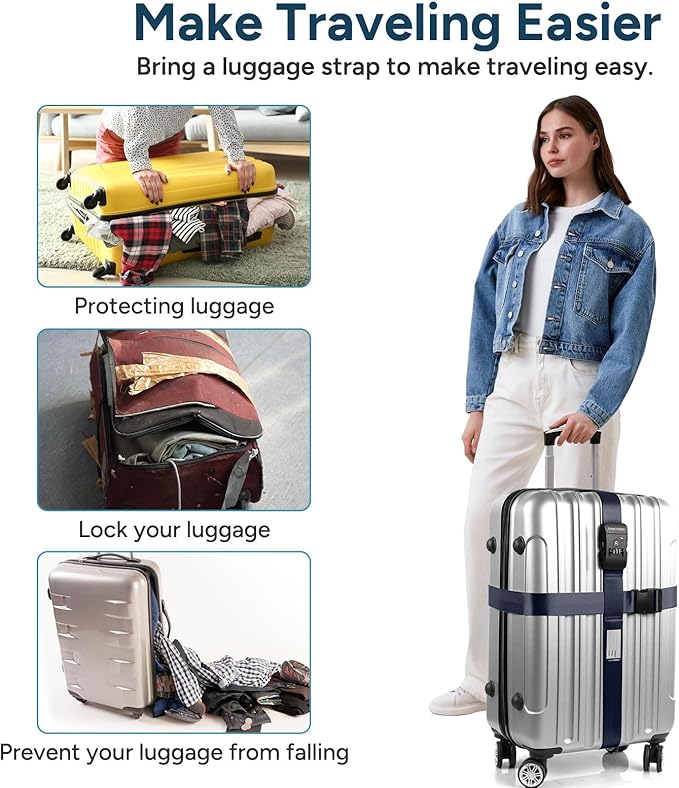 Travel Inspira Luggage Straps - TSA Approved Travel Luggage for Suitcases, Adjustable Suitcase Belt Spot Luggage, Personalized Tags Name ID Card (Navy Blue)