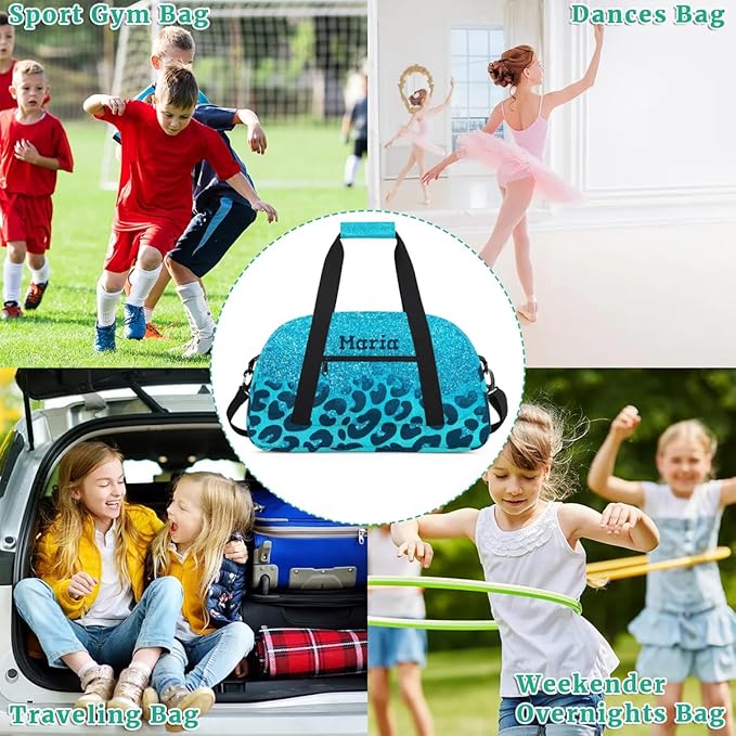 Personalized Kids Sports Duffel Bag with Name Custom Weekender Overnight Bag for Boys Girls Gym Bag Travel Dance Gymnastics Duffel Bag, Blue Glitter Leopard Print