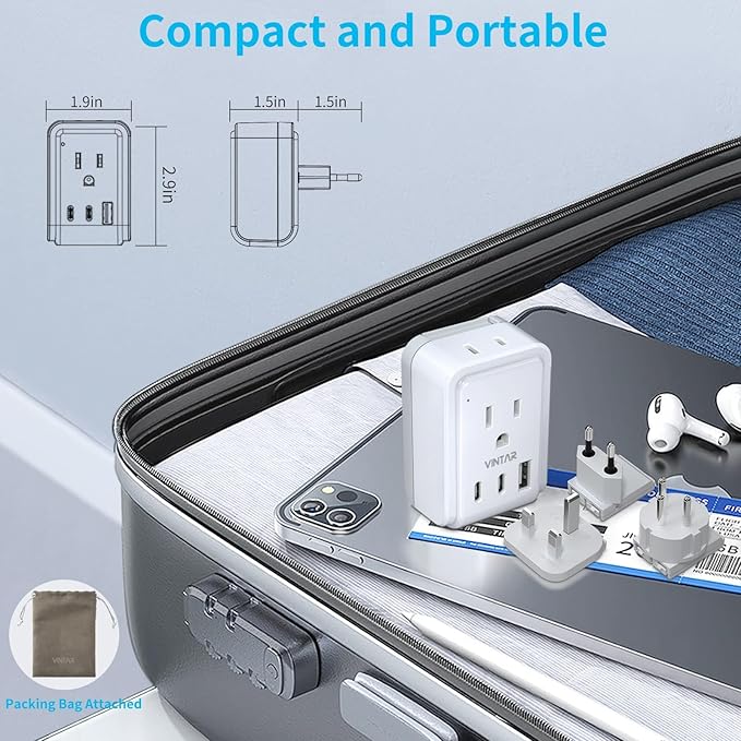 VINTAR Israel Adapter Plug Kit, UK Adapters for Travel with 3 USB Ports (2 USB C) and 2 American Outlets, Type C,G,H Swap&Adapt Attachments, Adapter for Europe and UK Israel Ireland Iceland