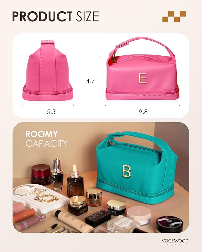 Young Women Gift Ideas, Personalized Makeup Bag with Handle, Initial Double Layer Cosmetic Bag with Makeup Brush Organizer, Cute Cosmetic Pouch for Women, Gifts for Friend Female Mom