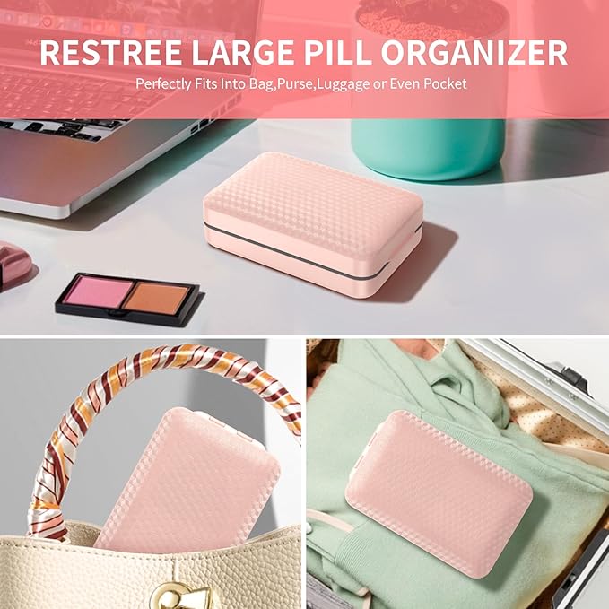 Restree Weekly Pill Organizer, Magnetic Moisture Proof Pill Case, Large Capacity Travel Pill Box with Inner Clear Lid for Vitamins, Supplements, and Daily Medications 8 Compartment (Pink)