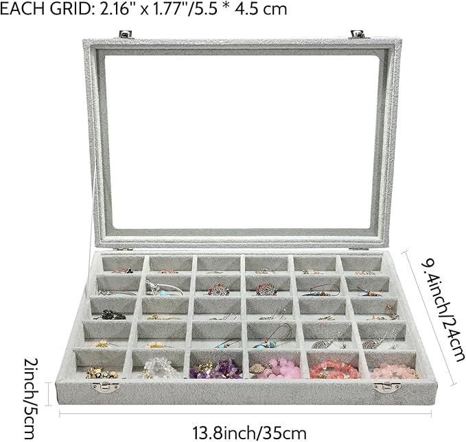 Stratalife Jewelry Organizer Jewelry Holder Storage Earring Organizer Box Tray with Lid Velvet Earring Display for Drawer 30 Grid Grey