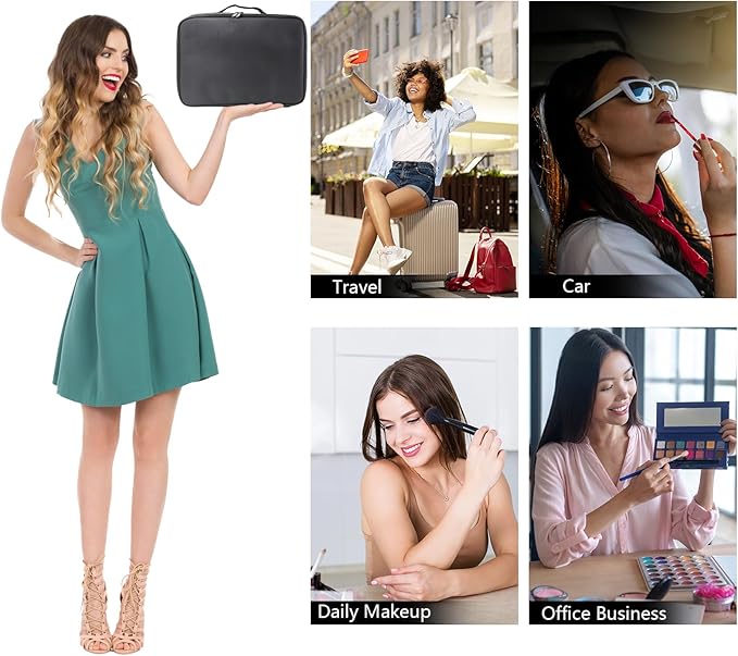 Travel Makeup Bag Makeup Cosmetic Train Case Organizer Portable Storage Bag with Adjustable Dividers for Cosmetics Makeup Brushes Toiletry Jewelry Black Medium