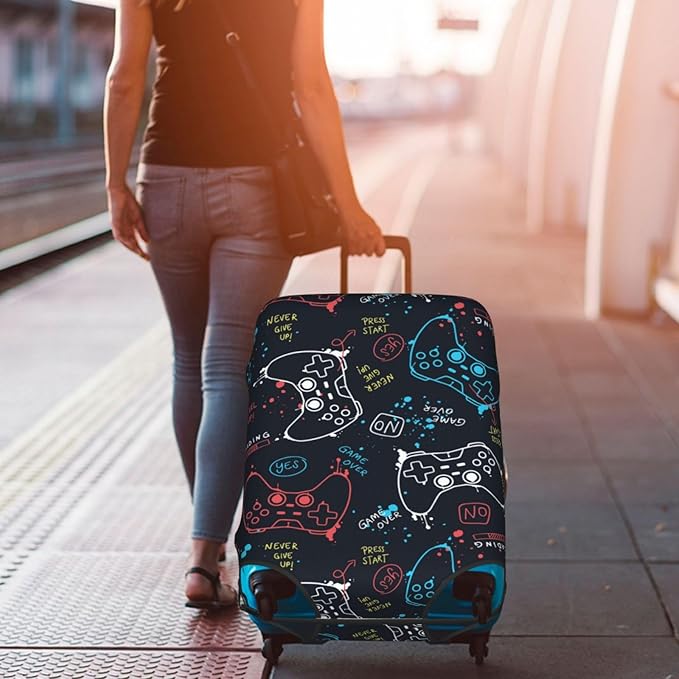 Joysticks Gamepad Game Luggage Cover Washable Suitcase Protector, Gamer Luggage Tag Travel Birthday Gifts For Men Women (M 22-25 Inch Luggage)