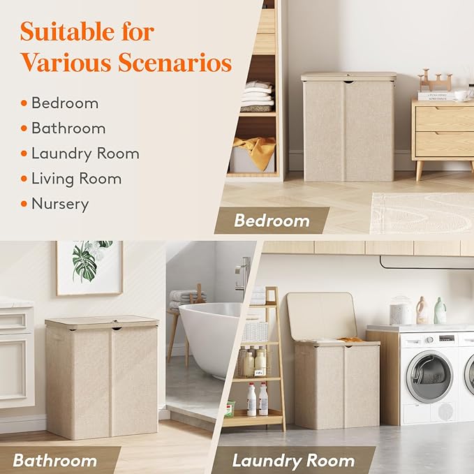 Lifewit 145L Laundry Basket with Lid, Large Laundry Hamper with Plastic Handles and Removable Bag, Foldable Tall Dirty Clothes Hampers for Laundry for Laundry Room, Bedroom, Bathroom, Dorm, Beige