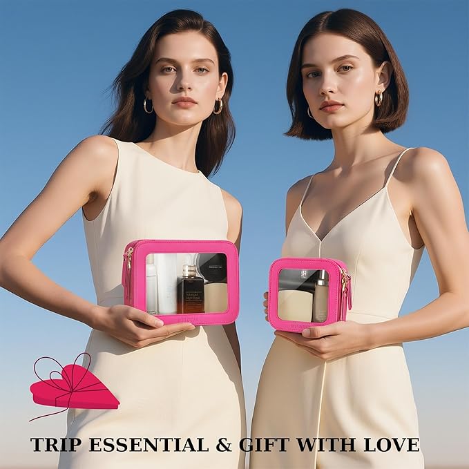 Clear Makeup Bag, Travel Toiletry Bag Cosmetic Case for Women, Waterproof Portable Make Up Skincare Pouch with Zipper, Compact Car Organizer Bag for Essentials, Mini & Medium, Hot Pink