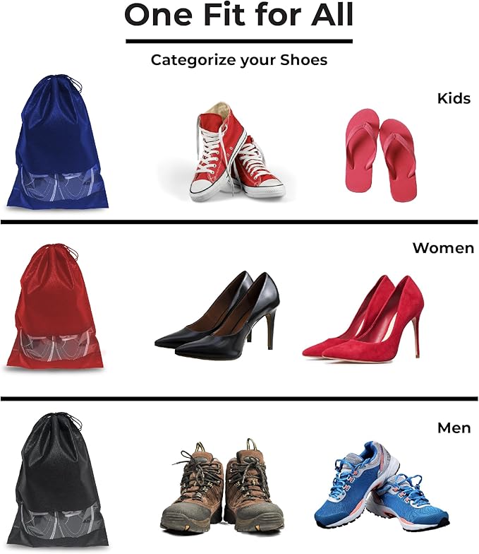 12 PCs Shoe Bags for Travel, Packing, Storage, Organizing & Suitcase. Reusable Dustproof & Water Resistant Sneakers Pouch Protectors with Clear Window & Drawstring. Laundry & Toys (Red + Blue + Black)