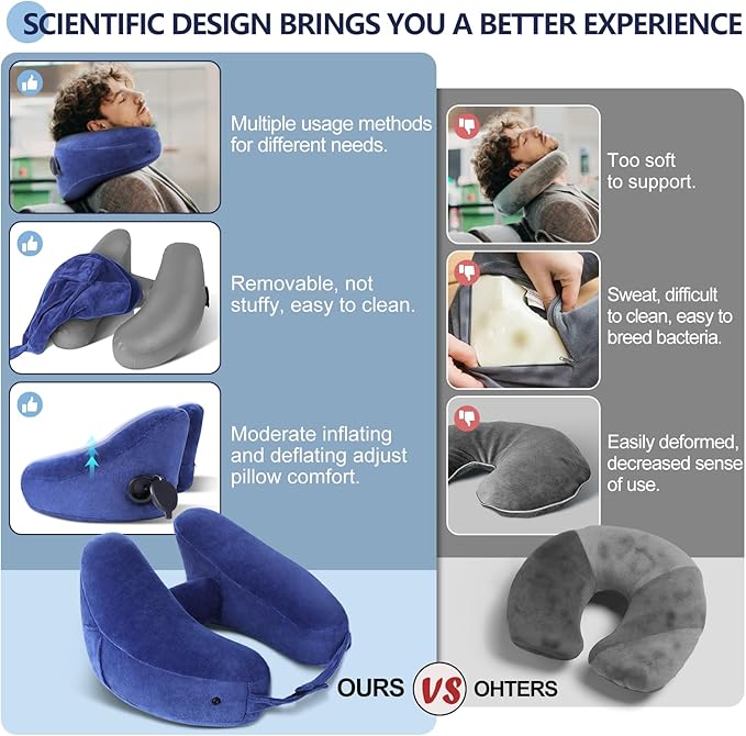 Sunany Neck Pillow for Travel Inflatable Airplane Pillow Comfortably Supports Head, Neck and Chin, Inflatable Travel Pillow with Soft Velour Cover and Portable Drawstring Bag (Blue)