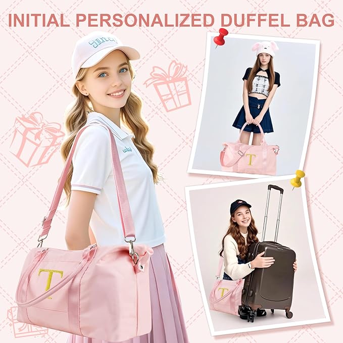 Personalized Initial Gym Dance Bag, Travel Duffel Bag for Teen Girls, Carry On Bag Overnight Weekender Bag with Trolley Sleeve, Birthday Gifts for Women Mom Daughter Graduation Gift(Letter T, Pink)