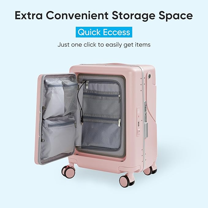 20 Inch Ride on Luggage With Seat For Kids&Adults,with Front Pocket, Foldable Seat Back TSA Approved Lock, 360° Spinner Wheels(20 inch,Pink)