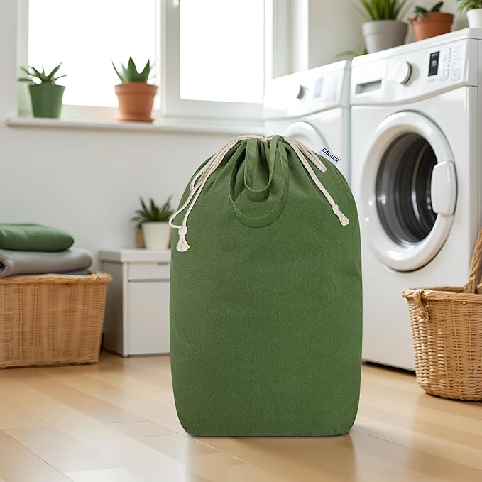 Canvas Laundry Bags with Handles & Square Base13.8"x 13.8", Large Heavy Duty Laundry Basket Hamper Liner, College Dorm Washable Drawstring Cotton Dirty Clothes Bag (Army Green)