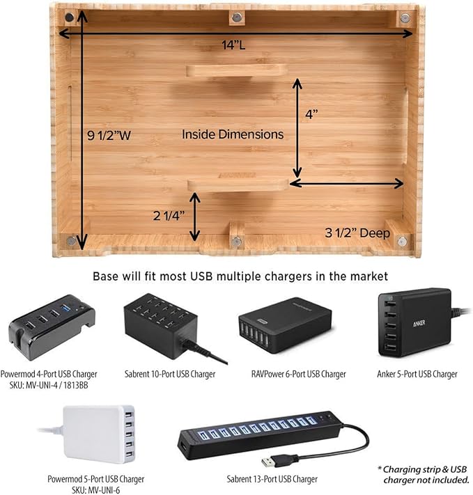 MobileVision Bamboo 12-Port Charging Station & Docking Organizer for Smartphones & Tablets, Family-Sized, for use in Corporate Offices & Classrooms